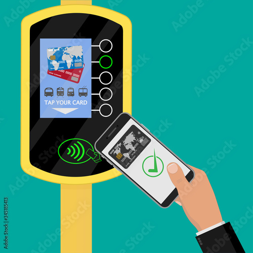 Terminal and hand holding smartphone near the terminal. Fare payment. Wireless, contactless or cashless payments, rfid nfc. Validator fare payment. Vector illustration in flat style