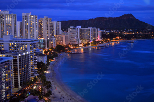 ASn aerial view of Waikiki Beach in Honolulu, Oahu, Hawaii at dusk