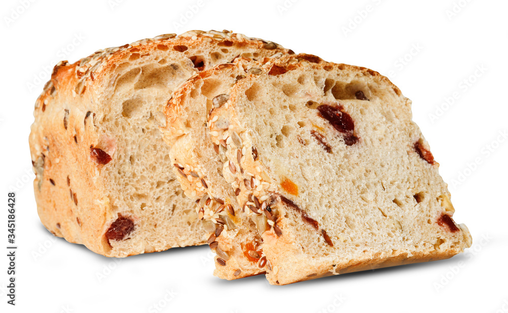 Slice of bread with inclusions of fruits and seeds on a white isolated background. Clipping path. Close-up.