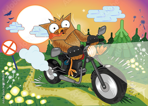 Cartoon owl rides a motorcycle in the countryside. Surprised at a sharp turn bird. Fun vector illustration for children s book  print  design and websites. Background shows Christmas trees  roads.
