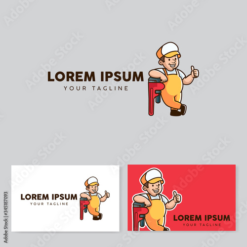 Plumber retro style mascot cartoon logo, vector illustration, business card template