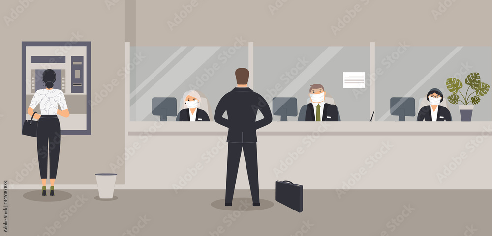 Bank office interior:Bank clerks sit behind barrier with glass, ATM or cash machine,bin.Elegant interior financial institution. Hall with bank counter with plant monstera in pot. Vector illustration Bank office interior:Bank clerks sit behind barrier with glass, ATM or cash machine,bin.Elegant interior financial institution. Hall with bank counter with plant monstera in pot. Vector illustration