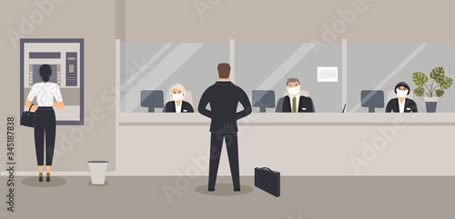 Bank office interior:Bank clerks sit behind barrier with glass, ATM or cash machine,bin.Elegant interior financial institution. Hall with bank counter with plant monstera in pot. Vector illustration