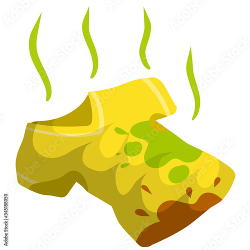 Dirty t-shirt. Crumpled clothes. Untidiness and slovenliness. Stench and stink. Yellow Object for washing. Cartoon flat illustration. Bad smell