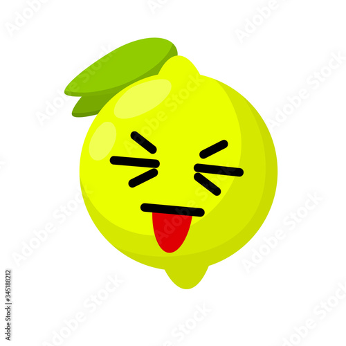 Lemon with face. Eyes, mouth on sour fruit. Mascot and emotions. Funny and cute yellow element with green leaves. Cartoon flat illustration