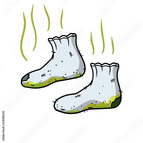 Dirty sock. Smelly feet. Sloppy clothes. Stinky toe. Grey Object for washing. Cartoon flat illustration. Green wave. The bad stench