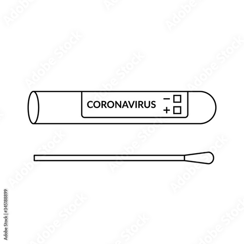 Coronavirus swab in test tube line icon. Blank test sample for Covid 19 diagnostics. Cotton stick for nasal or saliva swab. Black outline on white background. Vector illustration, flat style, clip art