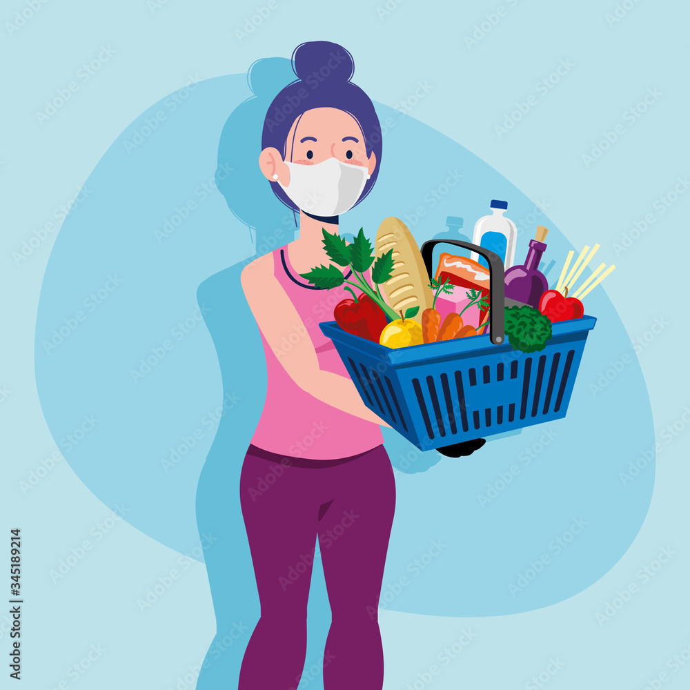 woman with mask and gloves with shopping supplies woman with mask and gloves with shopping supplies