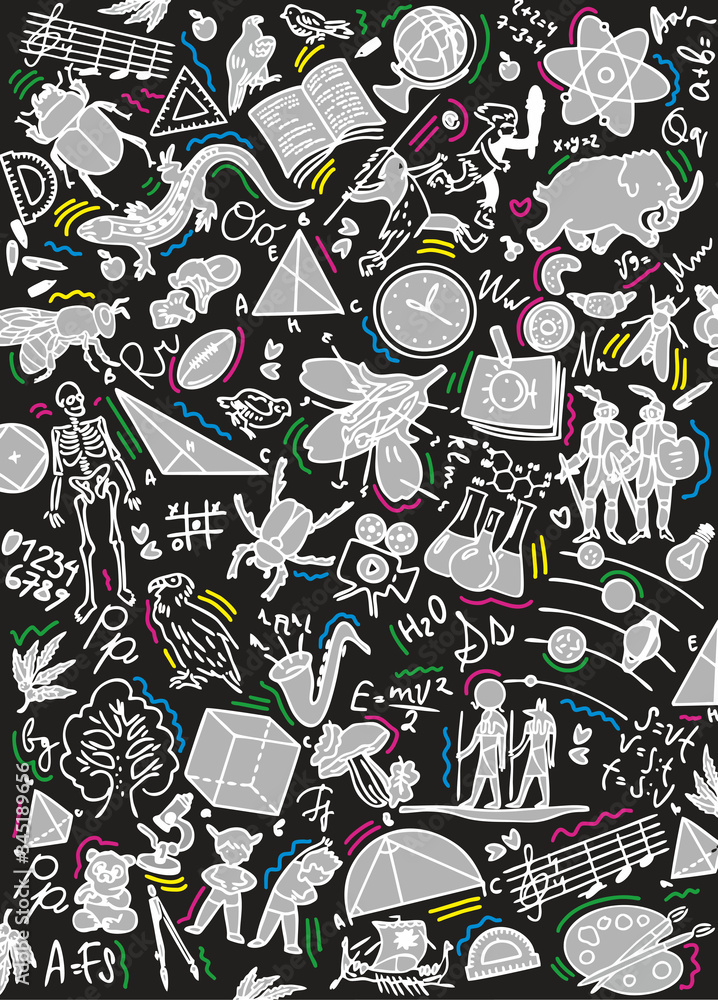 School notebook cover. Background with hand drawn ink school drawings. Vector illustrations for typography of banners, posters, leaflets, cards, covers, brochures, etc. Doodle style