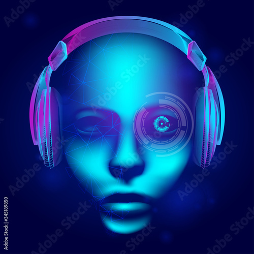 Neon cyber dj or robot head with outline electronic headphones wireframe. Artificial intelligence vector illustration with abstract human face in technology line art style on dark blue background