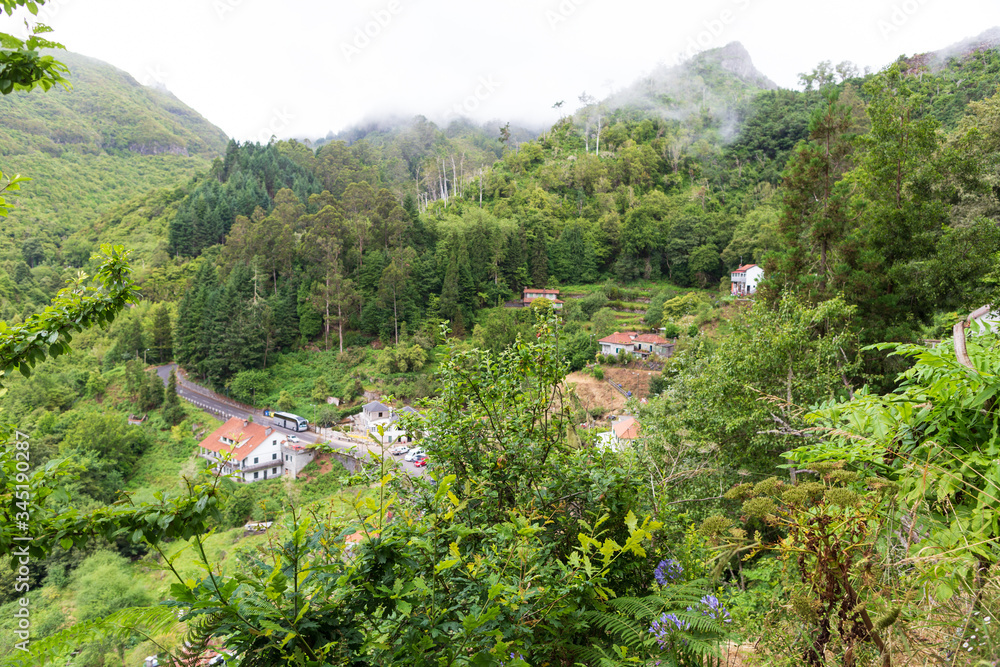 A view from above of the tourist parking lot in the mountains of Madeira.