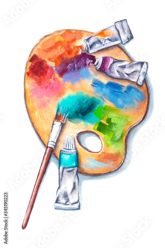 Watercolor set of art supplies, wooden palette with tubes of paints and a brush isolated on white background. Realistic hand drawn illustration of home activity, art tools at work