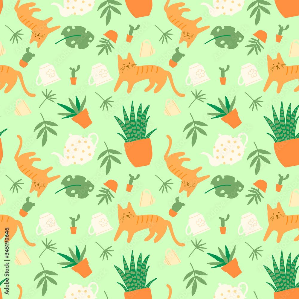 Obraz premium Seamless windy pattern with cat, cups, indoor plants and tea leaves. Home comfort