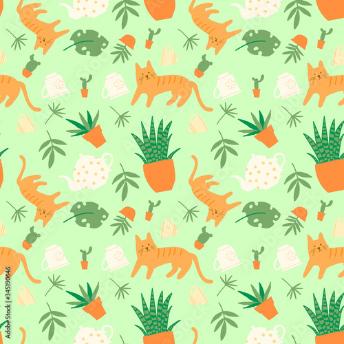 Seamless windy pattern with cat, cups, indoor plants and tea leaves. Home comfort