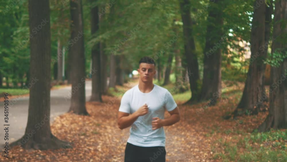 Men is running in the park doing morning exercises before competition. Copy space. 4K. Men is running in the park doing morning exercises before competition. Copy space. 4K.