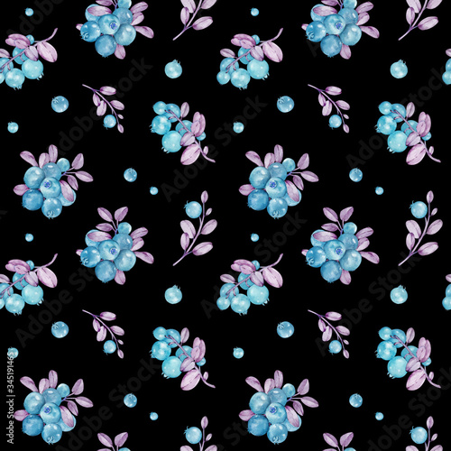 Watercolor pattern with blue berries and pink leaves on the black background. Botanical illustration. © annakonchits