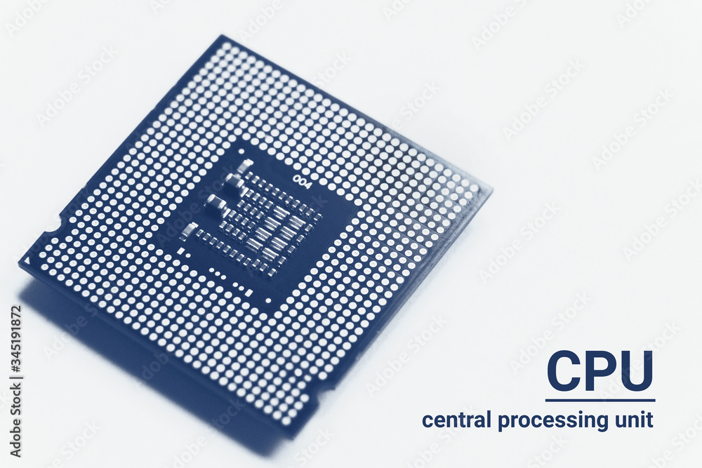 Central processor unit CPU chip in blue monochrome toned on white background with copy space Central processor unit CPU chip in blue monochrome toned on white background with copy space