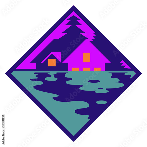 Vector house in the woods logo. Cabin in the forest silhouette logotype,
