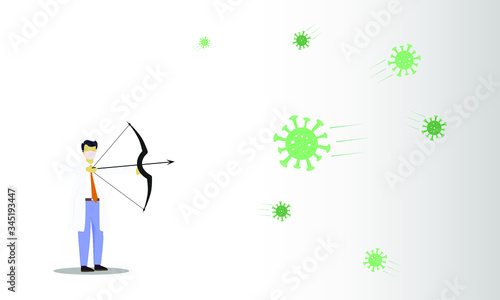 Doctor fights coronavirus with bow and arrow. Man strives to defeat the virus. 2019-nCoV Covid-19 Virus Protection. Vector illustration eps 10