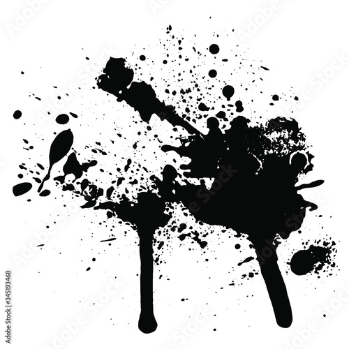 Two large drops that are actively flowing on a white background. Background drops consists of small splashes. Illustrative chaos that can be added for art effects and textures.