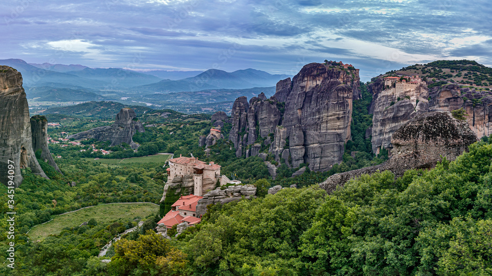 The Meteora is a rock formation in central Greece hosting one of the largest and most precipitously built complexes of Eastern Orthodox monasteries.