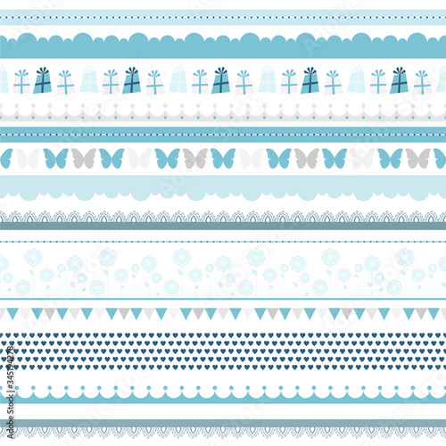 Vector baby boy pattern Cute blue and grey simple seamless children`s pattern hearts, butterfly, gifts, lace and clouds.