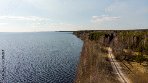 Top view aerial view with drone beautiful sea beach landscape. Forest. Nature. Water. Coast.