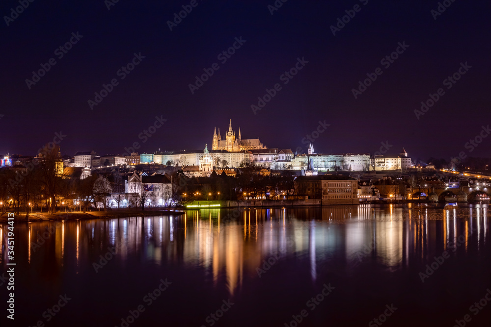 Beautiful night lights in Prague, overlooking the Prague Castle encasing the St. Vitus Cathedral!