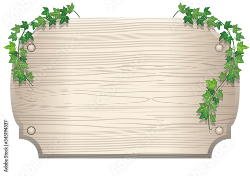 蔦と木目のある木の板のイラストボード　｜タイトルバック・キャッチコピーバナー用背景素材｜Illustration of ivy and wood grain board

