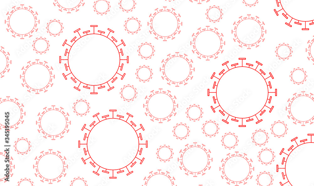 illustration abstract covid, coronavirus, pollen, dust, star, symbol circles red with white background, of various sizes, spreading like aerosol.