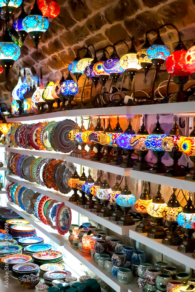 Gift shop with a variety of Turkish lamps for sale. Kotor, Montenegro