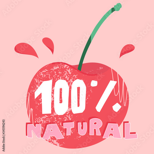 Wallpaper Mural Juicy cherry 100% natural poster. Modern cartoon style isolated cherry and text. ECO and BIO concept. Trendy hand-drawn web element. Redberry on a pink background. Torontodigital.ca