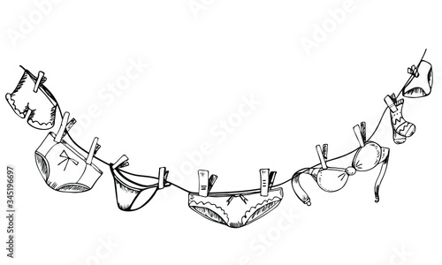 Hand-drawn lingerie after washing. Set with women's underpants, bras and socks. A symbol of female beauty and exaltation. Women's underwear hanging on a rope. Vector outline banner with copy space.
