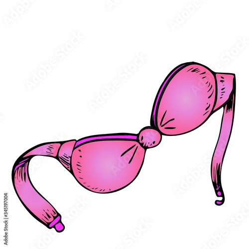 Pink women's bra. Element of underwear or swimsuit. Bra drawn in hand drawing style on a white isolated background. Bright illustration, for logo, banner or design. Underwear drawn in dynamics.