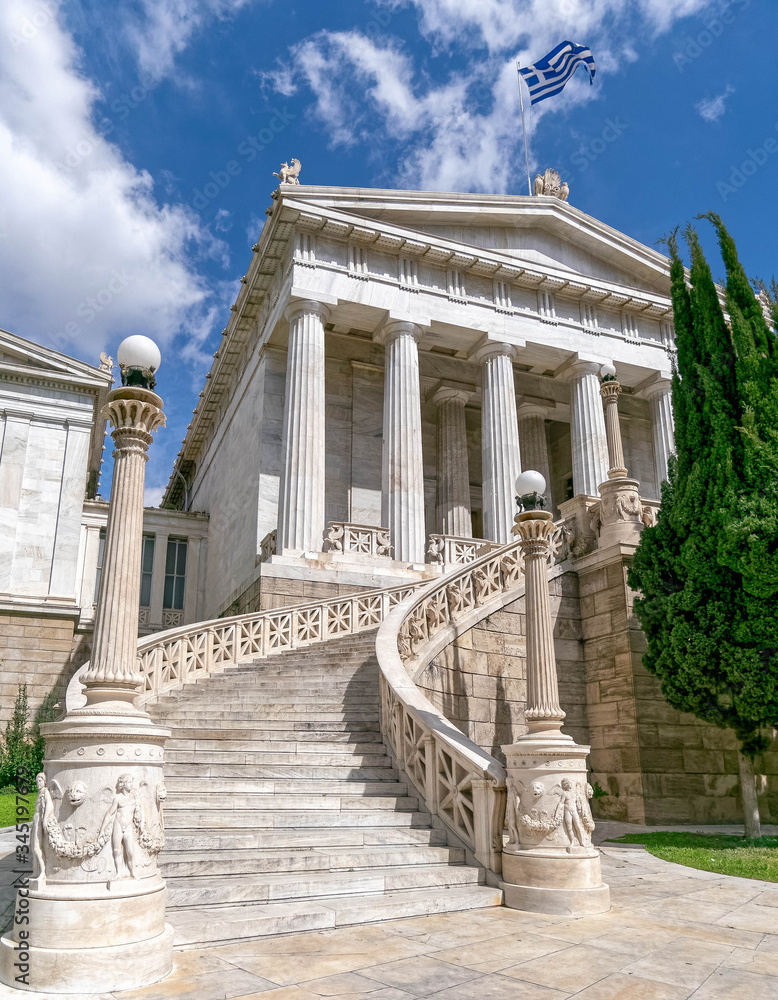 impressive curved marble stairs and neo-classical facade of the natiomal library of Athens, Greece