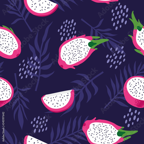 Vector summer pattern with dragon fruit (pitaya), flowers and leaves. Seamless texture design.