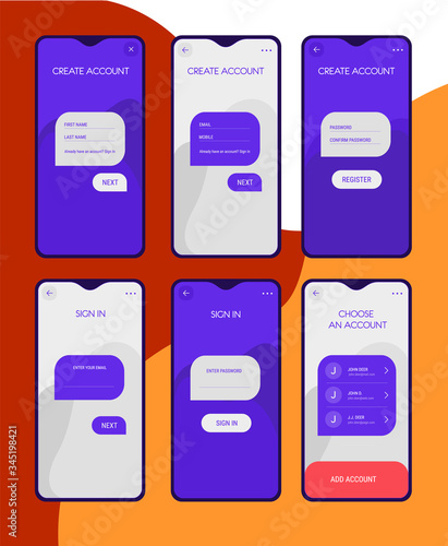 Trendy responsive mobile UI templates of login and registration mobile app template with smartphone mockups