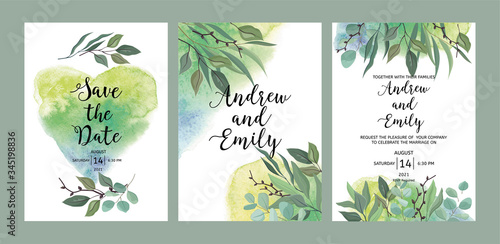 Set of wedding floral invitation, Save the Date card template. Green leaves a...