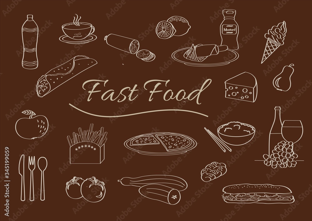 Fast food set on the dark background, vector illustration.