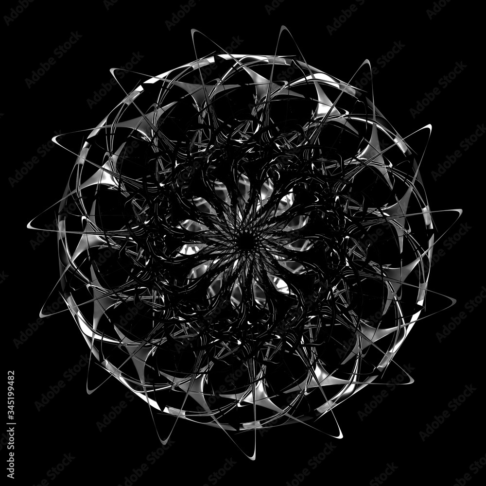 Fototapeta premium 3d render of abstract art of surreal black and white poisoned creepy spooky halloween symmetry flower or turbine jet engine with sharp blades in black glossy plastic and silver metal material