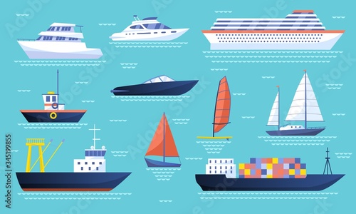 Collection of ships and sailboats on the ocean with a passenger liner, luxury yachts, speedboat, tanker, container ship, dinghy and sailboat, colored vector illustration