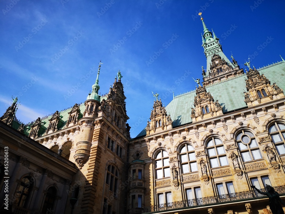 unset at city town hall with blue sky Hamburg Germany