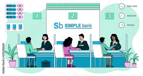 Clients being served in a bank by diverse multiracial staff behind desks in kiosks, colored vector illustration with copy space