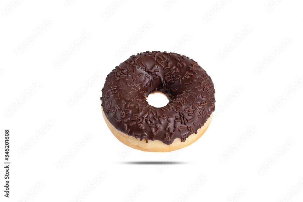 fresh donut with chocolate icing and chocolate powder isolated on a white background fresh donut with chocolate icing and chocolate powder isolated on a white background