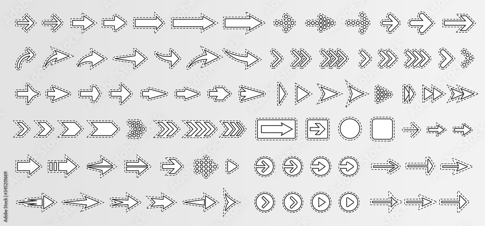 Arrows big collection, with borders and shadows, vector icon set. Paper monochrome sticker pack. Simple design template for web, advertising, business, presentation and other design projects.