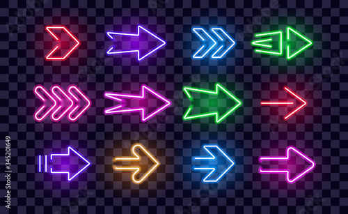 Neon Right Arrows colorful vector icons set. Realistic glowing pointers on transparent background. Location indicator for casino, bar, cinema, night club and motel, isolated symbols pack.