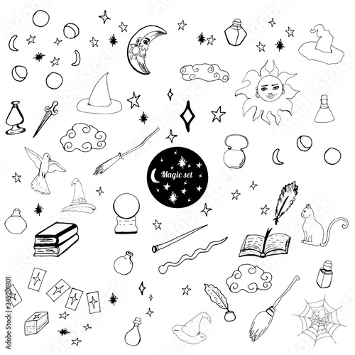 Hand drawn doodle set of occult symbols. Magic symbols set. Magic elements collection.
