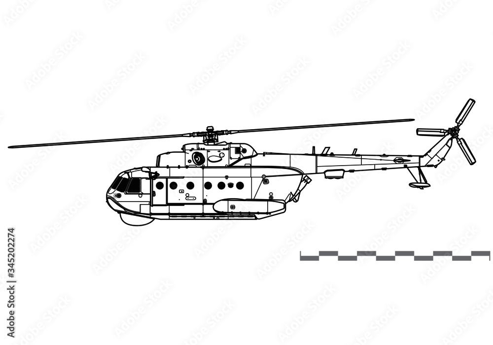 Mil Mi-14 Haze. Vector drawing of Anti-submarine helicopter. Side view. Image for illustration and infographics.