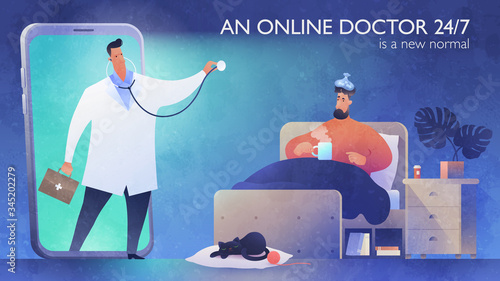 24/7 Online Doctor concept banner template. Telemedicine support. A video call of a patient to see a doctor via smartphone at nighttime. Healthcare, medicine and technology vector illustration.