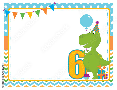 A vector illustration of a blank empty sixth birthday party invitation frame with a cute Tyrannosaurus Rex dinosaur wearing a party hat, holding a balloon with gifts